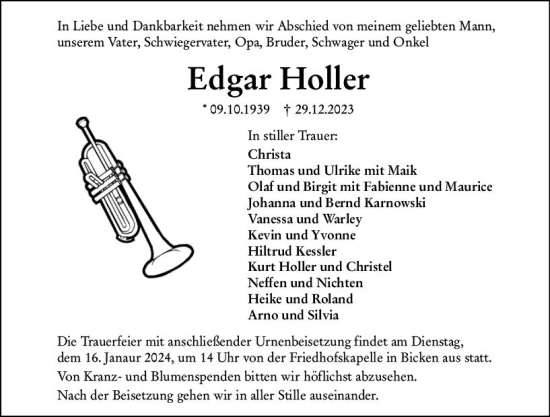 Traueranzeige von Edgar Holler von Dill Block