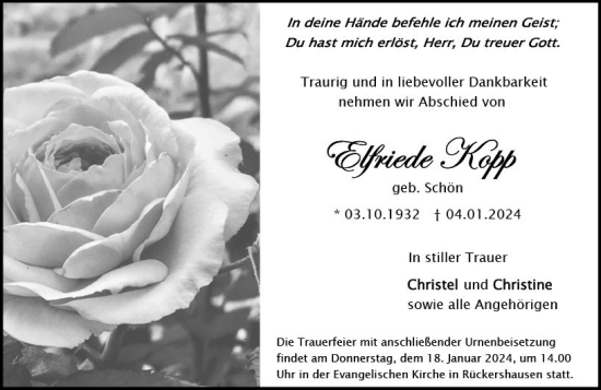 Traueranzeige von Elfriede Kopp von Idsteiner Land/Untertaunus
