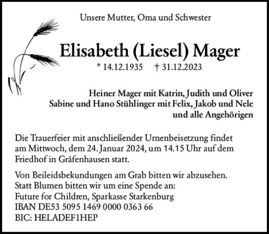 Traueranzeige von Elisabeth  Mager von Darmstädter Echo