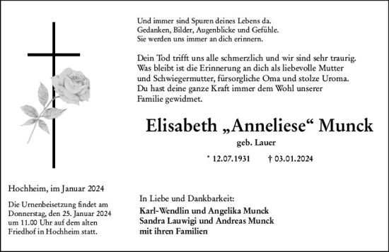 Traueranzeige von Elisabeth Munck von Hochheimer Zeitung
