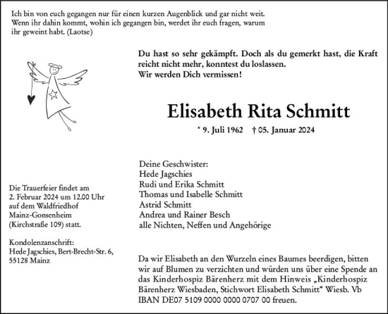 Traueranzeige von Elisabeth Rita Schmitt von Allgemeine Zeitung Mainz