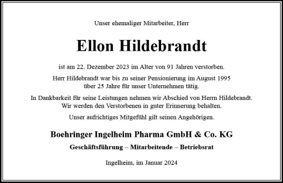 Traueranzeige von Ellon Hildebrandt von Allgemeine Zeitung Bingen/Ingelheim