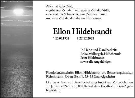 Traueranzeige von Ellon Hildebrandt von Allgemeine Zeitung Bingen/Ingelheim