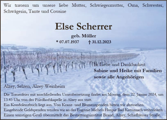 Traueranzeige von Else Scherrer von Allgemeine Zeitung Alzey