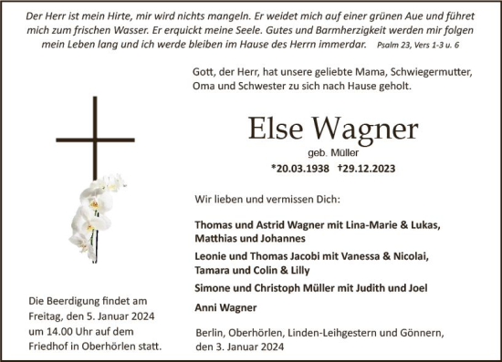 Traueranzeige von Else Wagner von Hinterländer Anzeiger