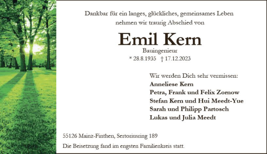 Traueranzeige von Emil Kern von Allgemeine Zeitung Mainz