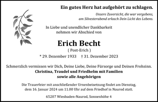 Traueranzeige von Erich Becht von Wiesbadener Kurier