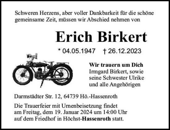Traueranzeige von Erich Birkert von Odenwälder Echo