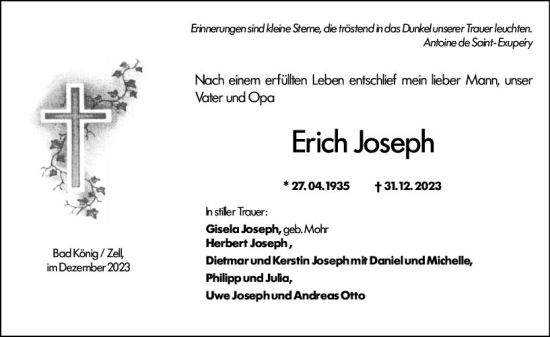 Traueranzeige von Erich Joseph von Odenwälder Echo