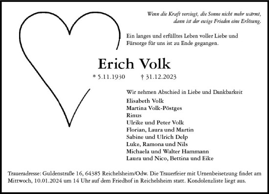 Traueranzeige von Erich Volk von Odenwälder Echo