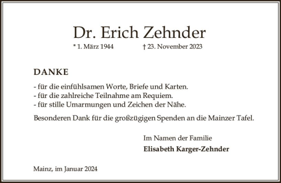 Traueranzeige von Erich Zehnder von Allgemeine Zeitung Mainz