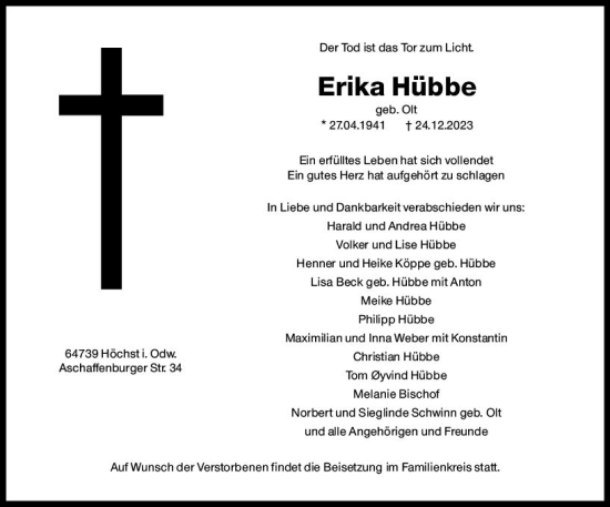 Traueranzeige von Erika Hübbe von Odenwälder Echo