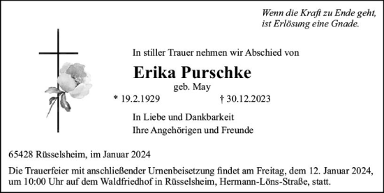 Traueranzeige von Erika Purschke von Rüsselsheimer Echo