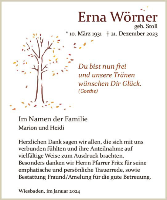 Traueranzeige von Erna Wörner von Wiesbadener Kurier