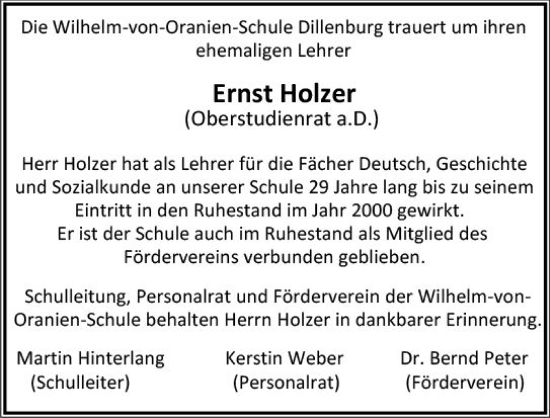 Traueranzeige von Ernst Holzer von Dill Block