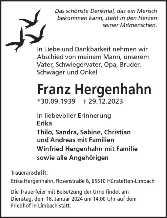 Traueranzeige von Franz Hergenhahn von Idsteiner Land/Untertaunus