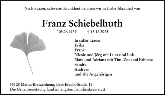 Traueranzeige von Franz Schiebelhuth von Allgemeine Zeitung Mainz