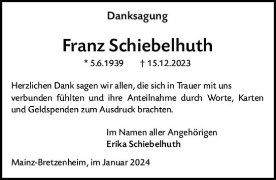 Traueranzeige von Franz Schiebelhuth von Allgemeine Zeitung Mainz