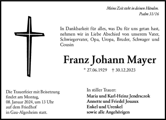 Traueranzeige von Franz Johann Mayer von Allgemeine Zeitung Bingen/Ingelheim