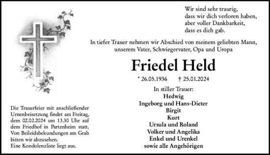 Traueranzeige von Friedel Held von Allgemeine Zeitung Alzey
