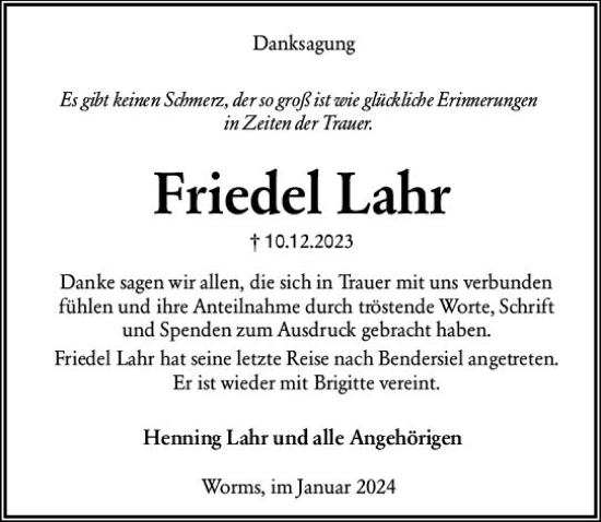 Traueranzeige von Friedel Lahr von Wormser Zeitung