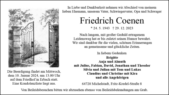 Traueranzeige von Friedrich Coenen von Odenwälder Echo
