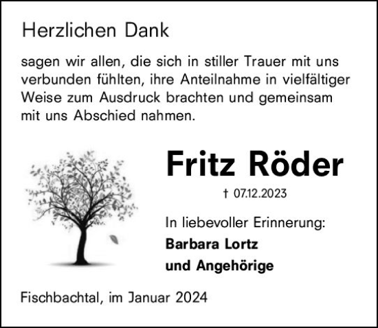 Traueranzeige von Fritz Röder von Darmstädter Echo