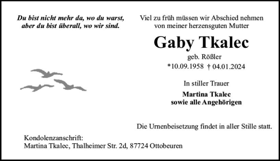 Traueranzeige von Gaby Tkalec von Odenwälder Echo