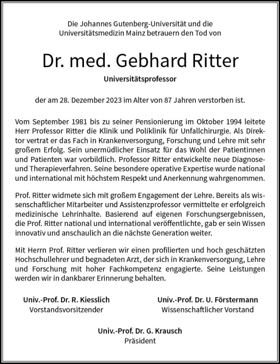 Traueranzeige von Gebhard Ritter von Allgemeine Zeitung Mainz