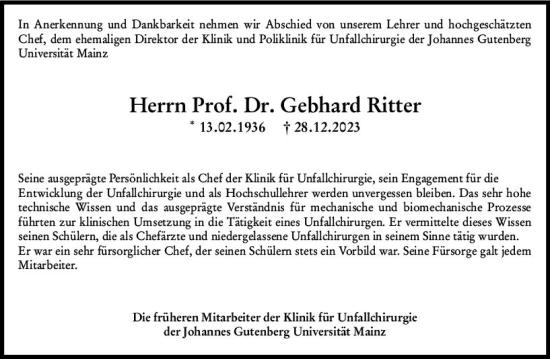 Traueranzeige von Gebhard Ritter von Allgemeine Zeitung Mainz