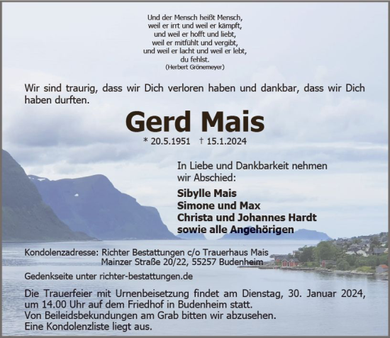 Traueranzeige von Gerd Mais von Allgemeine Zeitung Mainz