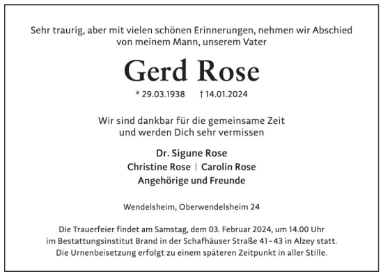 Traueranzeige von Gerd Rose von Allgemeine Zeitung Alzey