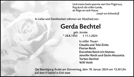 Traueranzeige von Gerda Bechtel von Wormser Zeitung