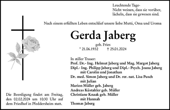 Traueranzeige von Gerda Jaberg von Wormser Zeitung