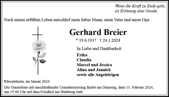 Traueranzeige von Gerhard Breier von Rüsselsheimer Echo