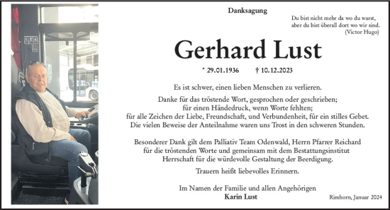 Traueranzeige von Gerhard Lust von Odenwälder Echo
