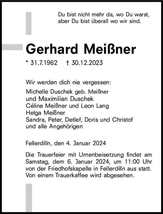 Traueranzeige von Gerhard Meißner von Dill Block