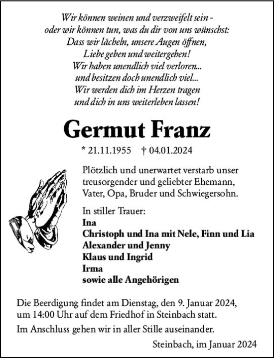 Traueranzeige von Germut Franz von Dill Block