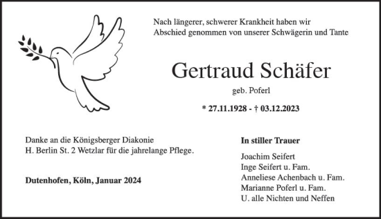 Traueranzeige von Gertraud Schäfer von Wetzlarer Neue Zeitung