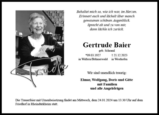 Traueranzeige von Gertrude Baier von Wormser Zeitung