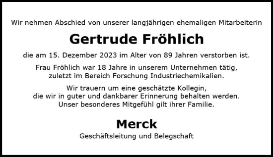 Traueranzeige von Gertrude Fröhlich von Darmstädter Echo