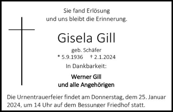 Traueranzeige von Gisela Gill von Darmstädter Echo