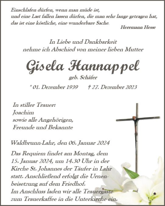 Traueranzeige von Gisela Hannappel von Nassauische Neue Presse