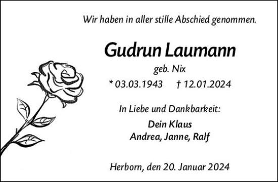 Traueranzeige von Gudrun Laumann von Dill Block