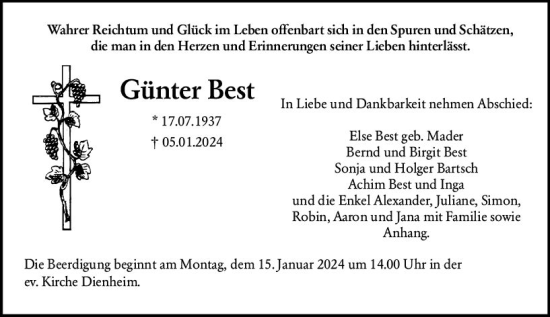 Traueranzeige von Günter Best von Allgemeine Zeitung Mainz