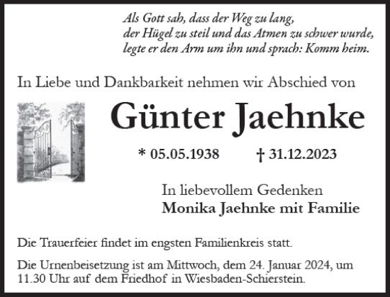 Traueranzeige von Günter Jaehnke von Wiesbadener Kurier
