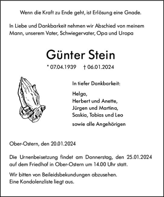 Traueranzeige von Günter Stein von Odenwälder Echo