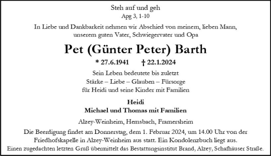 Traueranzeige von Günter Peter Barth von Allgemeine Zeitung Alzey