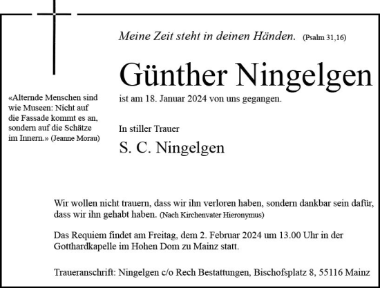 Traueranzeige von Günther Ningelgen von Allgemeine Zeitung Mainz