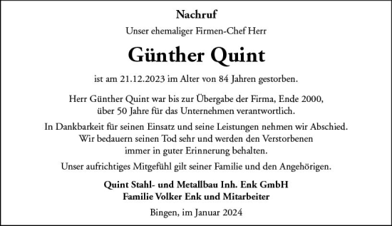 Traueranzeige von Günther Quint von Allgemeine Zeitung Bingen/Ingelheim